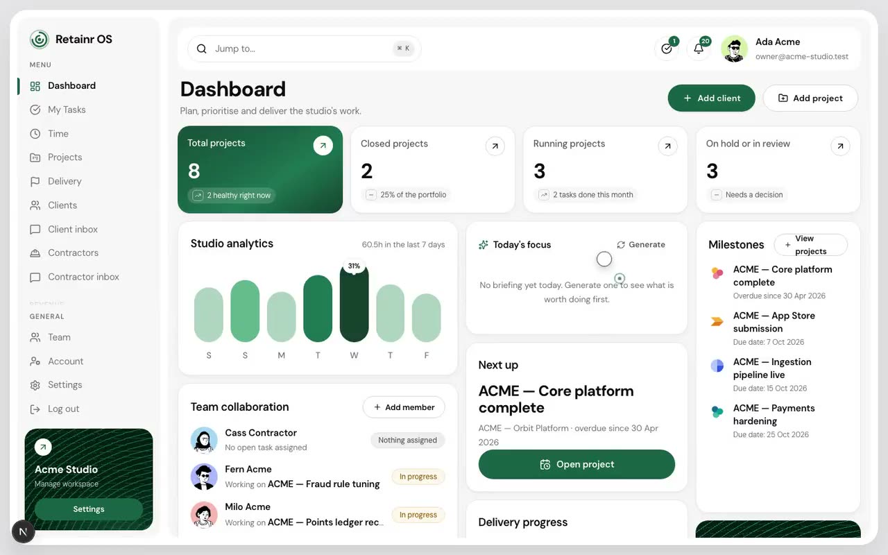The Retainr OS dashboard: project counts, studio analytics, today’s focus and upcoming milestones.